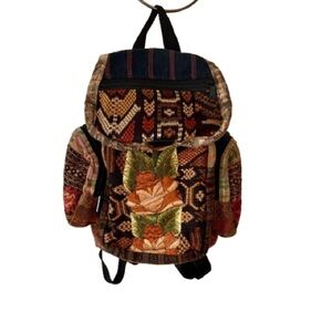 Bohemian Woven Mini Backpack with Embroidered Floral Tapestry
